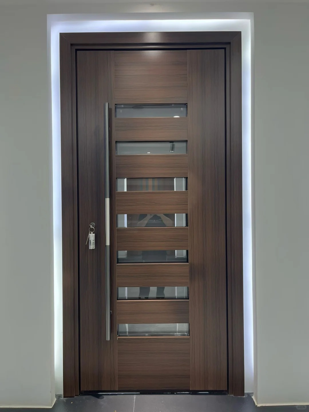 Dark-Wood‑grain-Horizontal-Glass-Slats-Entrance-Door