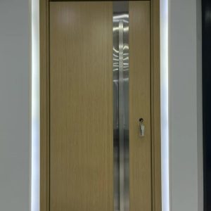 Wood‑grain-With-Vertical-Metal-Inlay-Entrance-Door