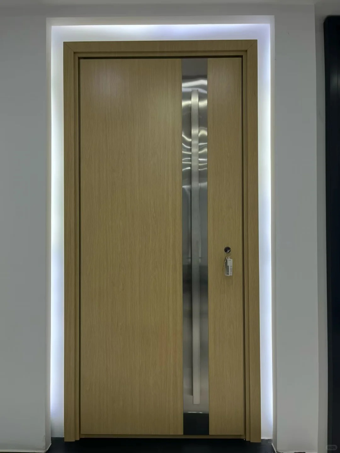 Wood‑grain-With-Vertical-Metal-Inlay-Entrance-Door